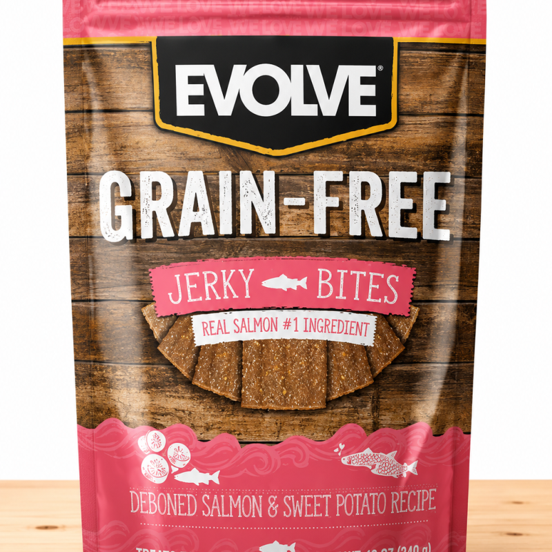 EVOLVE DOG JERKY SNACK X 340 GR _ SABOR SALMON & SWEET POTATO
