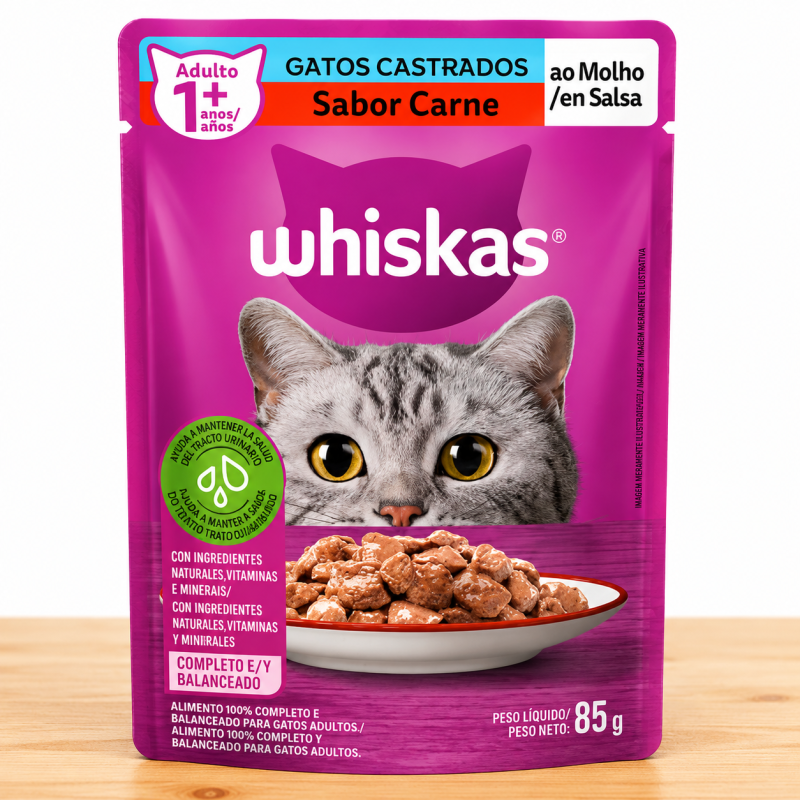 POUCHE WHISKAS CASTRADOS X 85 GR _ SABOR CARNE